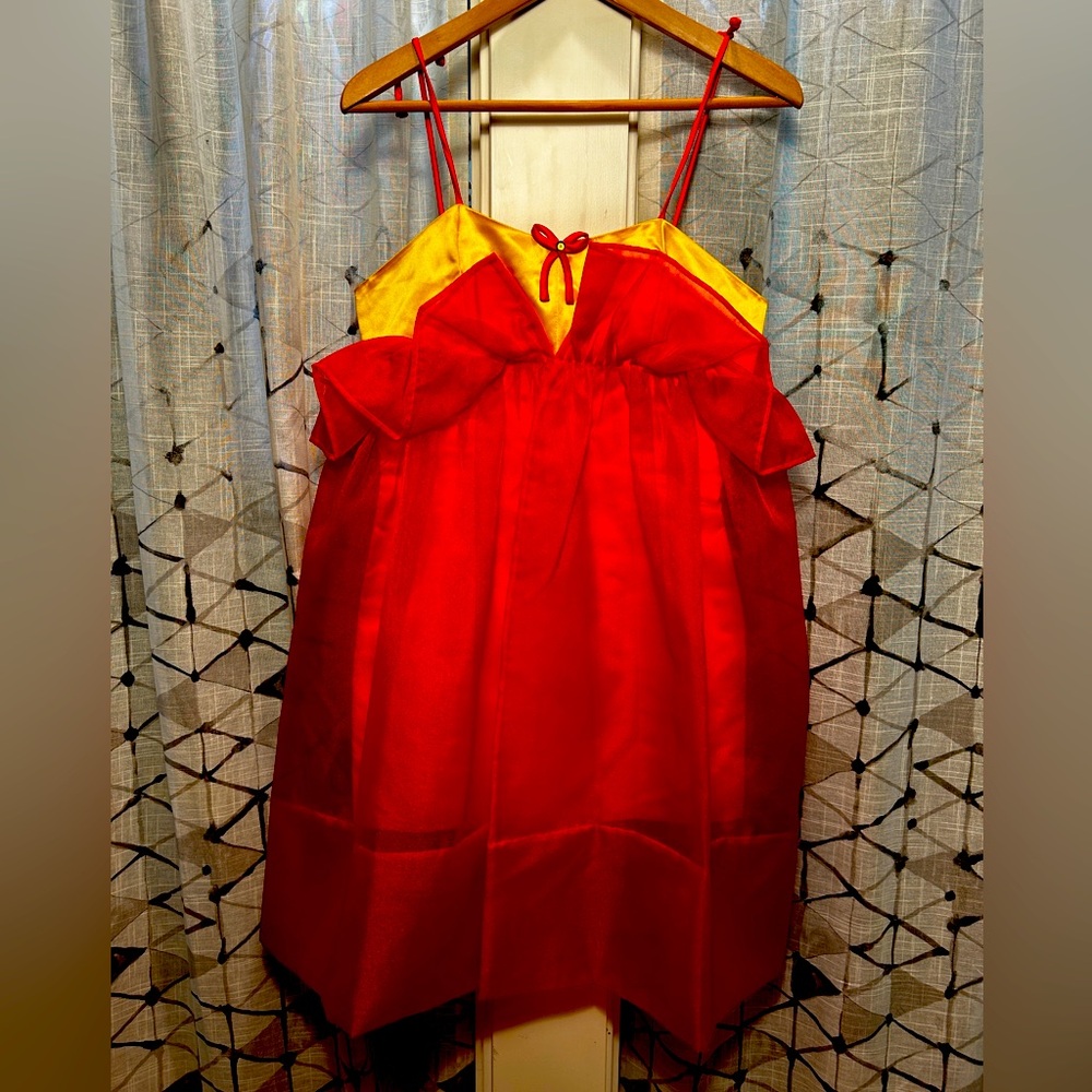 Vintage canary satin and flame orange organza party dress. Justin Charles.